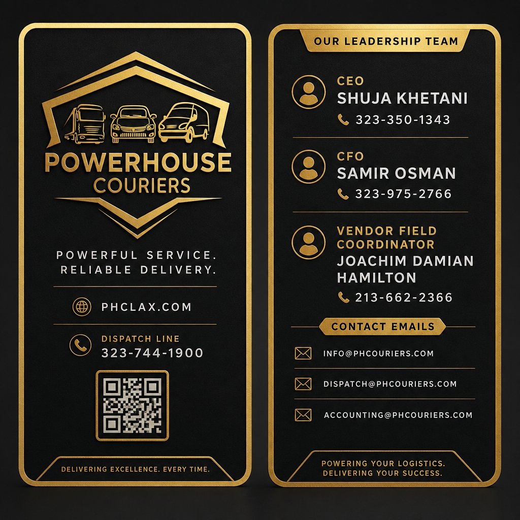 Power House Courier Business Card — CEO Shuja Khetani, CFO Samir Osman, Vendor Field Coordinator Joachim Damian Hamilton, Dispatch (323) 744-1900, info@phcouriers.com